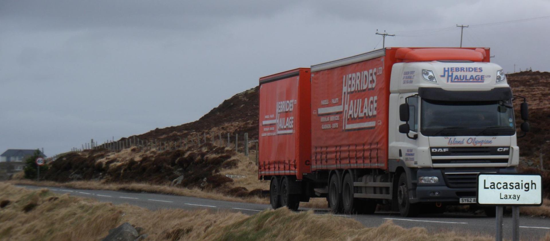 'Island Olympian' DAF curtain-sider on the road at Lacasaigh (Laxay), Isle of Lewis